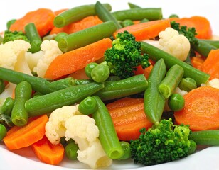 Assorted colorful steamed vegetables piled on a white plate