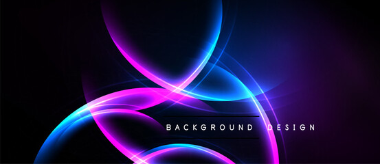 Abstract neon lines create dynamic curves. Dark background emphasizes vibrant purple, blue glows. Text reads background design.