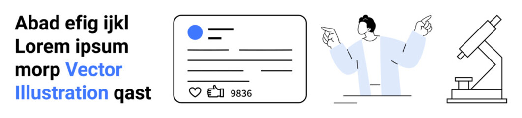 Social media, digital engagement, influencer marketing, technology, scientific research, content creation. Interface with thumbs ups count, person gesturing and microscope. Social media and digital