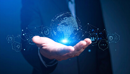 A businessman hand holding a glowing digital world globe with network icons, Global connectivity and digital transformation concept representing futuristic business technology.