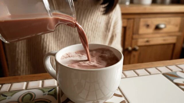 Woman pouring hot chocolate into a mug on a kitchen counter with wooden cabinets and tile backsplash in background, for food and beverage advertising