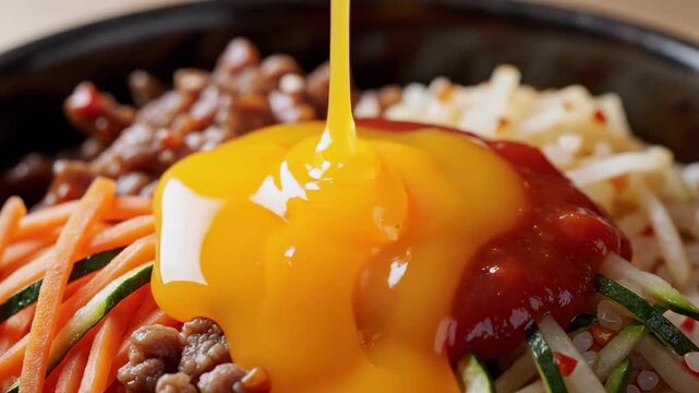 Ultra slow motion macro shot of a single perfectly round egg yolk being pierced, spilling its golden liquid down into the depths of the mixed bibimbap creamy, cinematic, asian cuisine