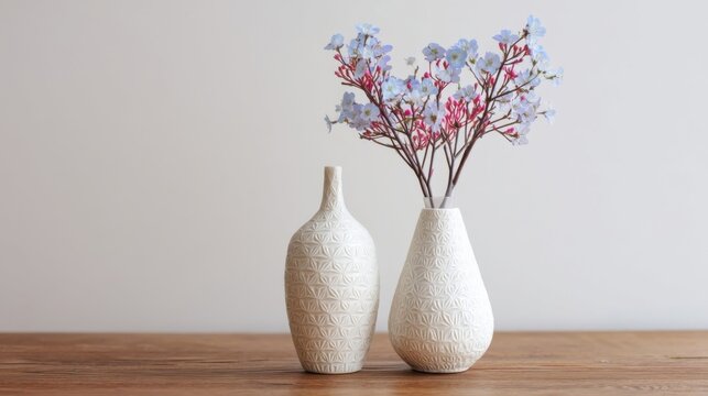 Two white decorative vases with embossed geometric patterns stand side by side on a wooden surface,
