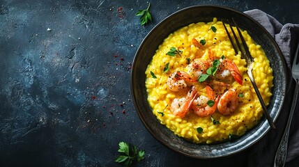 elegant risotto with saffron and seafood served in a premium bowl with fine cutlery .
