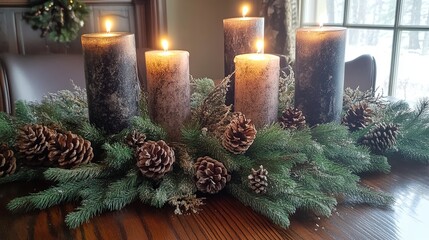 Elegant winter tablescape with candles, pinecones, and holiday decorations .