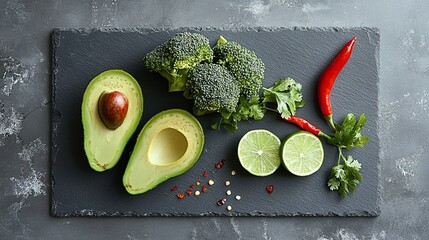 . opulence in green: thick broccoli, avocado wedges, chilli pepper and lime on polished white slate .