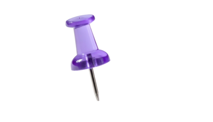 Close-up of a translucent purple push pin with a metal pin on a black background