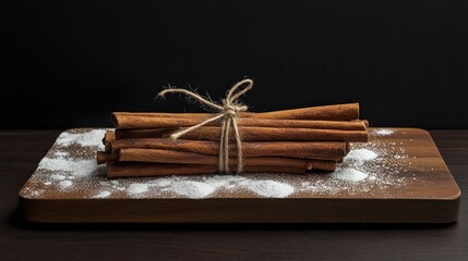 A bundle of cinnamon sticks tied with twine, placed on a wooden cutting board dusted with powdered sugar. .