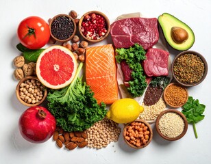 Diverse fresh foods including fruit, vegetables, and protein on white surface