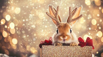 A bunny peeking out of a glittery gift box, wearing holiday antlers. .