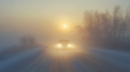 A car headlights cut through the snowy fog on a remote road, with bare trees and a setting sun in the background. .