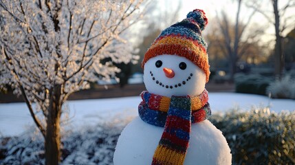 A cheerful snowman wearing a colorful scarf and hat, standing in front of a frosted tree. .