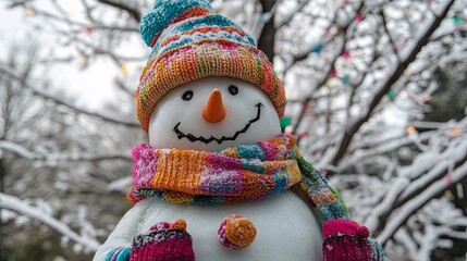 A cheerful snowman wearing a colorful scarf and hat, standing in front of a frosted tree. .