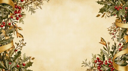 A chic Christmas border with wreaths, holly berries, and golden ribbons on a warm, ivory backdrop. .