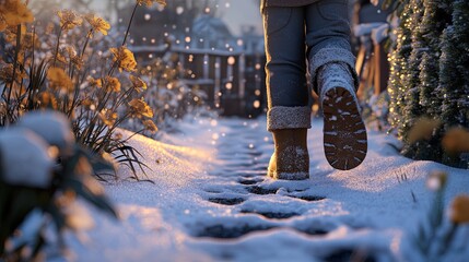 A child snow-dusted boots stepping into a snow-covered garden, leaving footprints behind. .