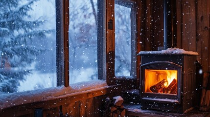 A classic winter scene with a wood-burning stove inside a cabin, snow falling softly outside. .
