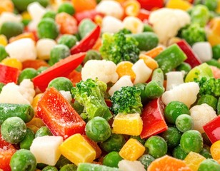 Frozen assortment of colorful vegetables, close-up, ready for cooking