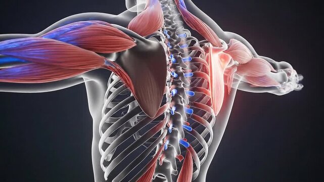 3D Animation of Human Back Anatomy Showing Muscles Bones Spinal Cord and Shoulder Blade for Medical Visualization and