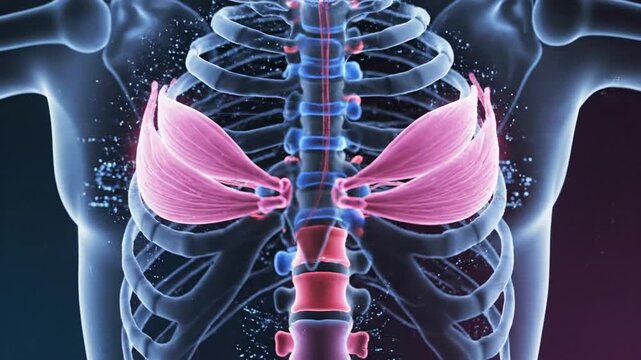 3D Animation of Human Body Rib Cage Internal Intercostal Muscle and Skeleton on Dark Gradient Background Medical