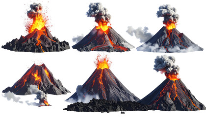 Six illustrations of erupting volcanoes, showcasing various stages of explosion and lava flow