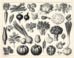 Detailed vintage illustration of assorted vegetables; carrots, onions, broccoli