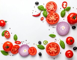 Colorful fresh produce arrangement on white background