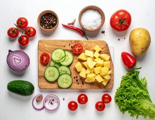 Culinary scene of fresh ingredients on white, including veggies and spices