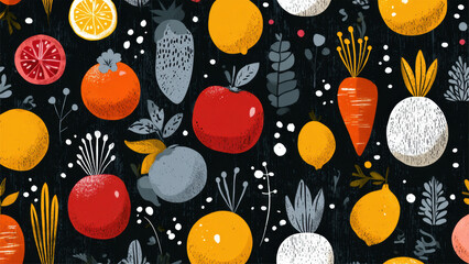 Colorful Fruit and Vegetable Pattern on Background