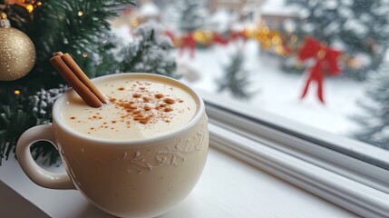 A cozy cup of eggnog with a cinnamon stick, sitting on a snowy windowsill with holiday decorations outside .