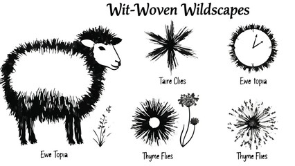 Whimsical sheep illustration with playful plant designs and wordplay