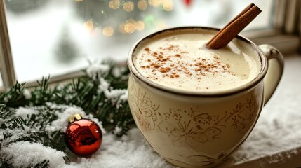 A cozy cup of eggnog with a cinnamon stick, sitting on a snowy windowsill with holiday decorations outside .