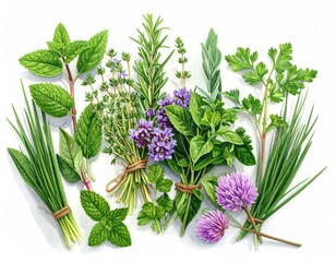 Various culinary herbs, artistically arranged on a white background