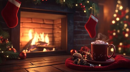 A cozy fireplace with a cup of hot chocolate and holiday decorations surrounding it .