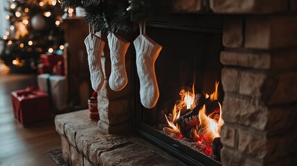 A cozy fireplace with stockings hanging and soft flickering flames .