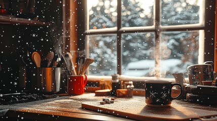 A cozy kitchen with a window view of snowflakes falling and a steaming mug on the table .