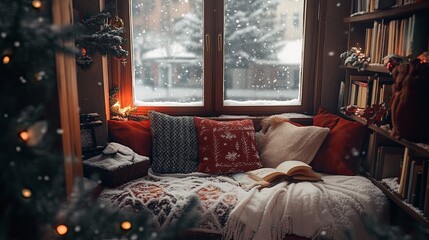 A cozy reading nook by a window with snow falling outside, decorated with holiday cushions and throws. .