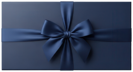 Top down view of sophisticated navy blue textured gift box wrapped with smooth shiny satin ribbon and large centered bow