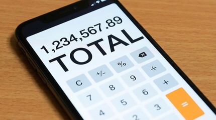 Smartphone Calculator Displaying Large Total Amount and Numbers.