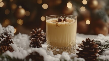A festive glass of eggnog with a sprinkle of nutmeg, resting on a table decorated with snow-covered pinecones .