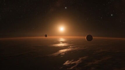 A distant star surrounded by orbiting planets, glowing gently in the darkness of space. .