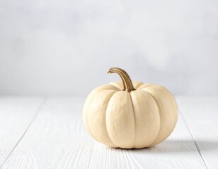 Ivory pumpkin on a white wood surface, against a soft gray backdrop