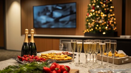 A festive New Year's meeting room setup with champagne glasses, snacks, and sparkling garlands. .