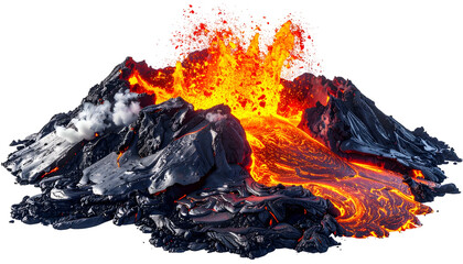 An erupting volcano with molten lava flow, smoke and dramatic orange/black hues