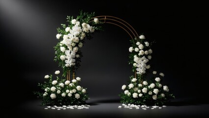 Elegant Wedding Studio Background with White Rose Arch and Petals on Dark Moody Backdrop