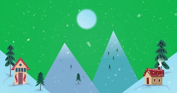 Wintery Christmas with snow falling, houses, moon and mountains