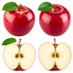 Four red apples two whole with leaves, two halved showing seeds