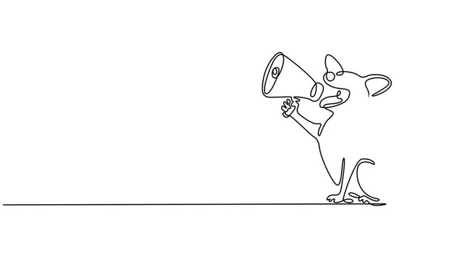 dog announcement using megaphone animation continuous one line drawing, Dog enthusiastically using megaphone Cute puppy dog making an important announcement or delivering a message using megaphone.