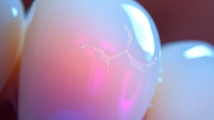 Iridescent tooth enamel with diamond-like cracks, glowing under blue light for durability.