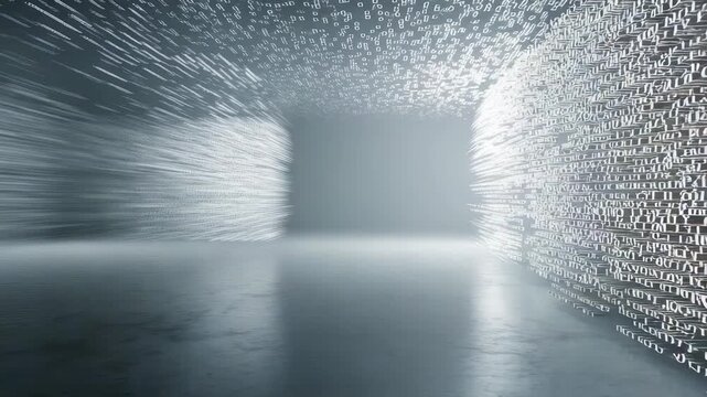 Dynamic binary code streams across a spacious, light filled room, symbolizing rapid data movement and digital transformation. The scene evokes innovation, connectivity, and advanced computing