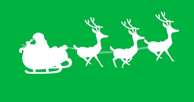 Animation of santa claus in sleigh being pulled by reindeers against black background